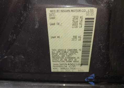 2015 Nissan Altima 2.5/2.5 S/2.5 Sl/2.5 Sv из США, поврежденный, VIN 1N4AL3AP1FN400210